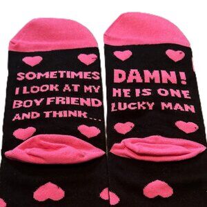 Arsemica Valentines Day funny lucky boyfriend quote black socks with pink hearts